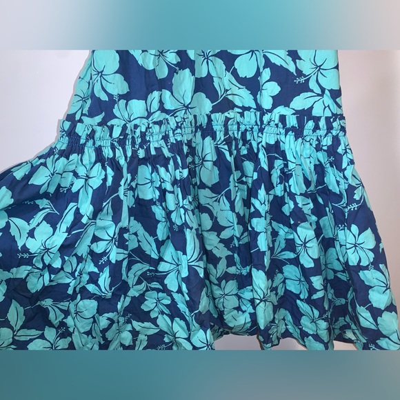 Handmade hibiscus Floral Blue Dress short puff sleeve mermaid square neckline S - Picture 6 of 7